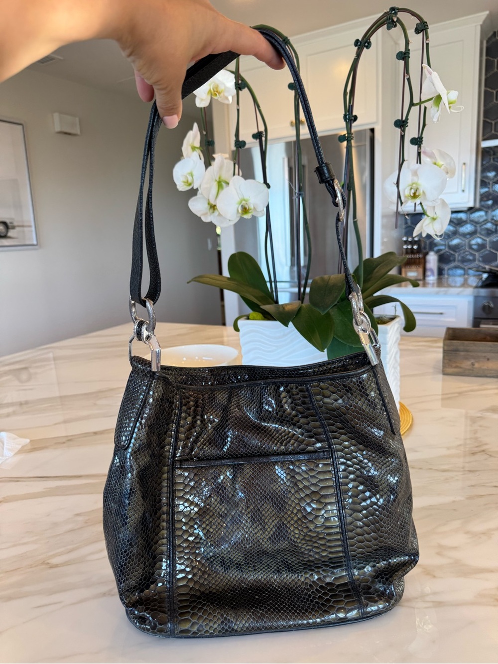 Brighton Black leather Faux-Snake Shoulder Bag